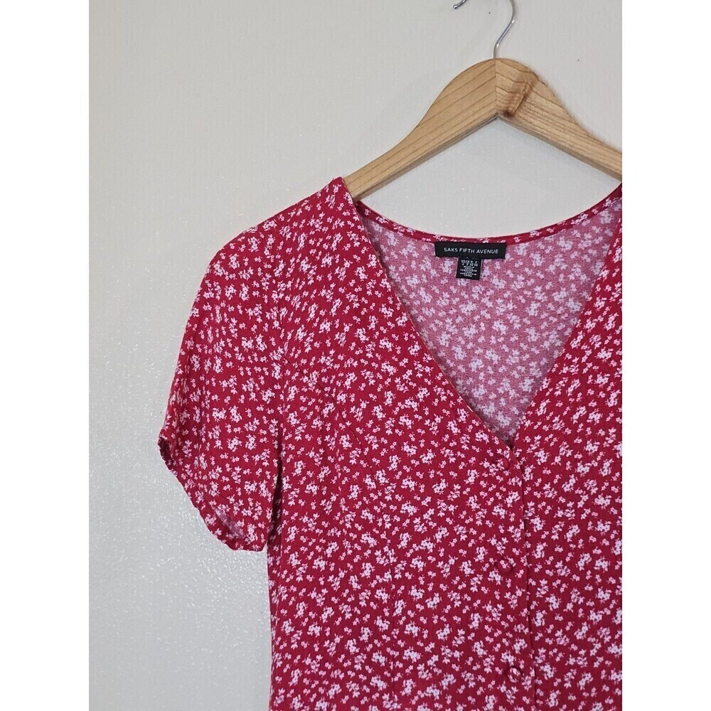 Saks Fifth Avenue Red Ditsy Floral Midi Dress V Neck Tie Back Boho Size 2 - Picture 4 of 12